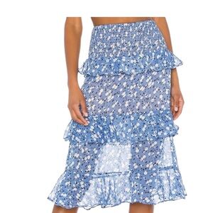 Majorelle Everly Floral Ruffle Midi Skirt Blue White Tiered Small
